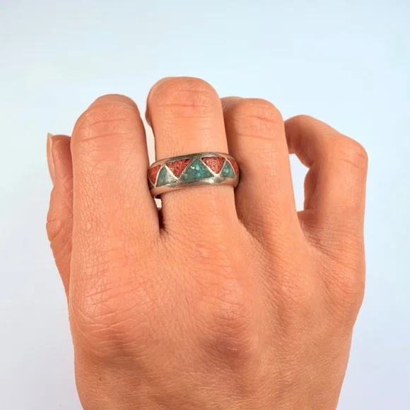 Native American Navajo Turquoise & Coral Sterling Silver 925 Vintage Band Ring - Picture 2 of 8